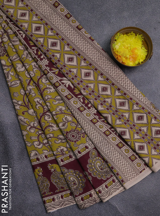 Kalamkari cotton saree mehendi green and wine shade with allover prints and printed border