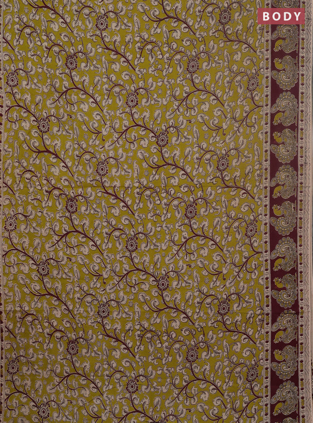 Kalamkari cotton saree mehendi green and wine shade with allover prints and printed border