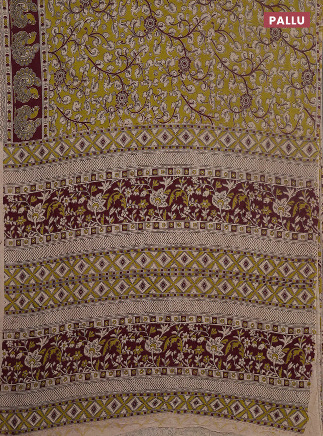 Kalamkari cotton saree mehendi green and wine shade with allover prints and printed border