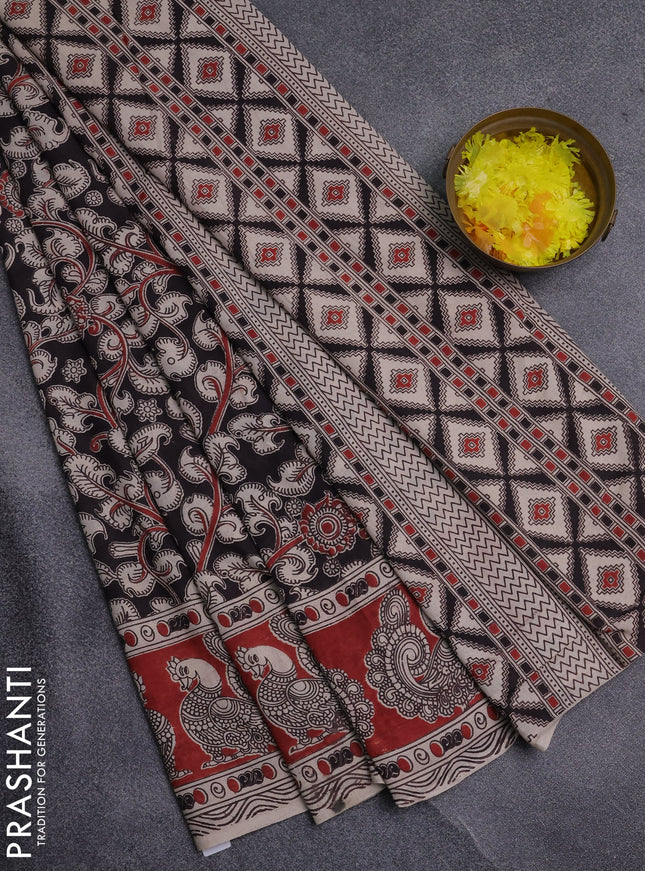 Kalamkari cotton saree black and maroon with allover prints and printed border