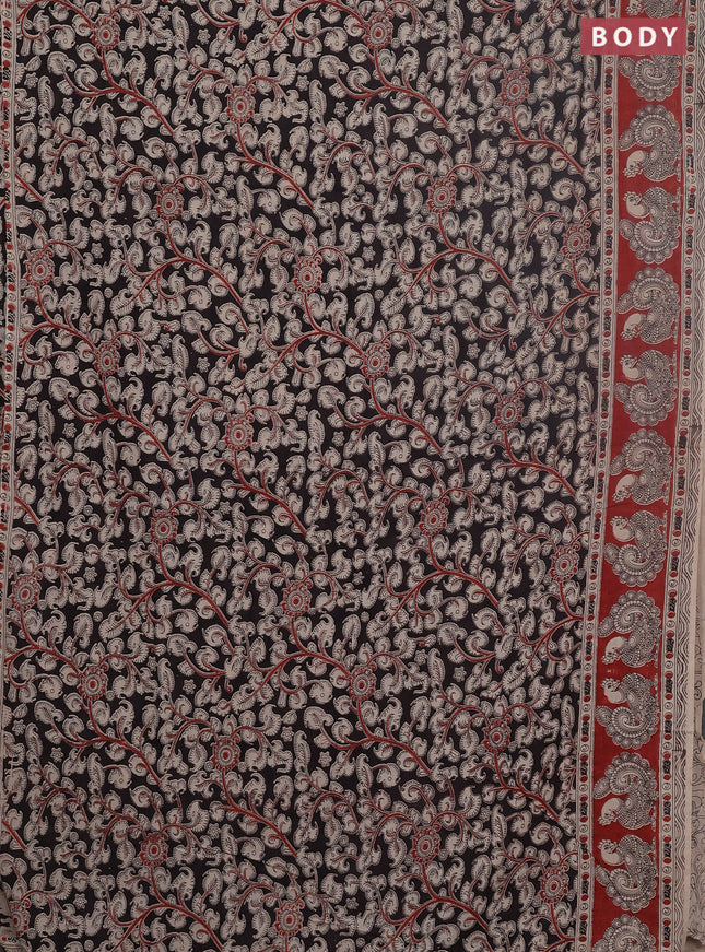 Kalamkari cotton saree black and maroon with allover prints and printed border