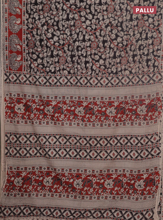Kalamkari cotton saree black and maroon with allover prints and printed border