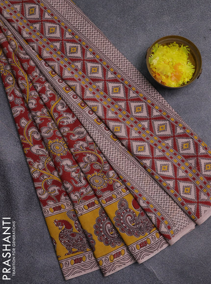 Kalamkari cotton saree maroon and yellow with allover prints and printed border