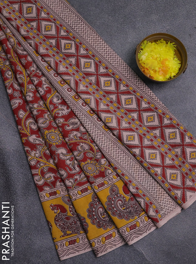 Kalamkari cotton saree maroon and yellow with allover prints and printed border