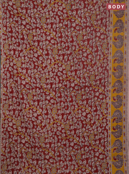 Kalamkari cotton saree maroon and yellow with allover prints and printed border