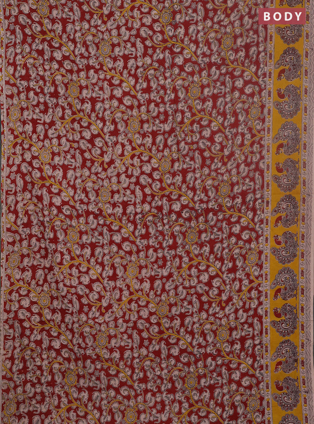 Kalamkari cotton saree maroon and yellow with allover prints and printed border