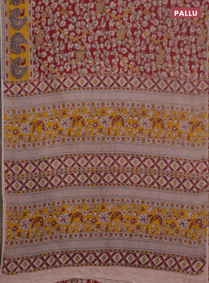 Kalamkari cotton saree maroon and yellow with allover prints and printed border