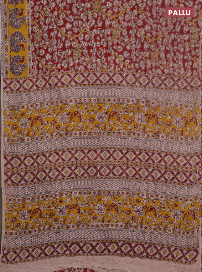 Kalamkari cotton saree maroon and yellow with allover prints and printed border