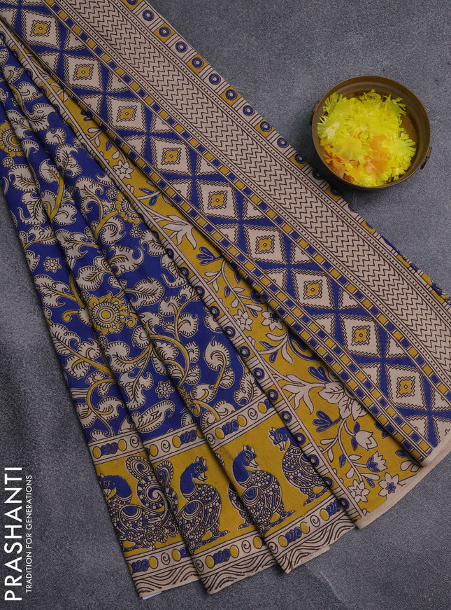 Kalamkari cotton saree blue and yellow with allover prints and printed border