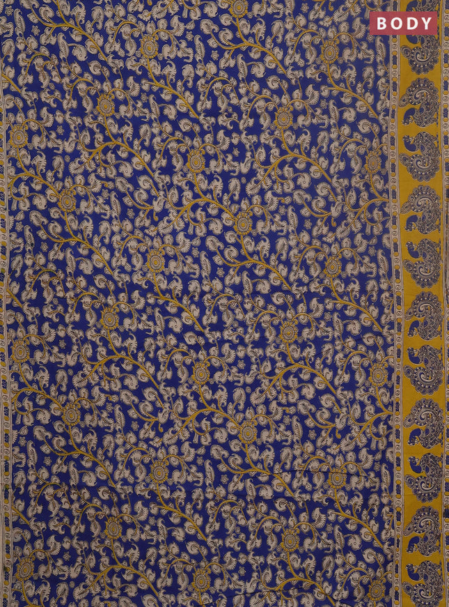 Kalamkari cotton saree blue and yellow with allover prints and printed border