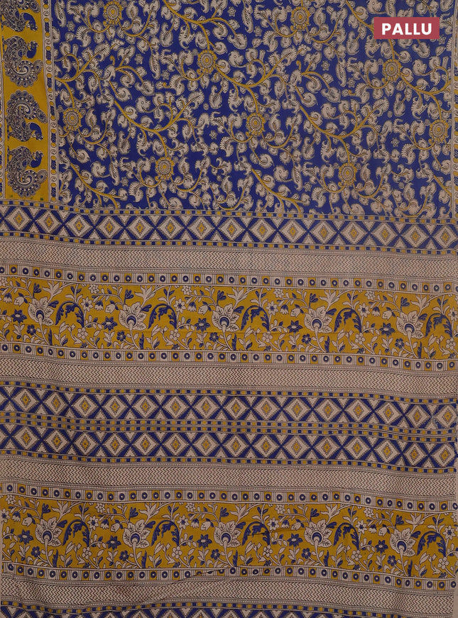 Kalamkari cotton saree blue and yellow with allover prints and printed border