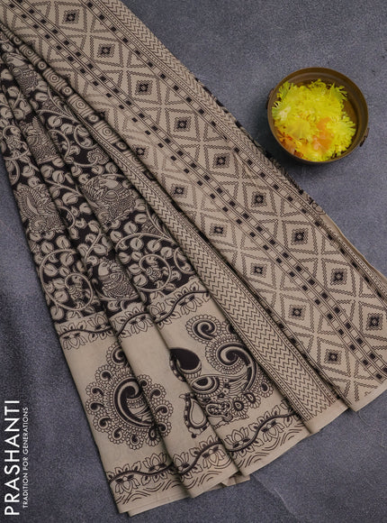 Kalamkari cotton saree black and beige with allover prints and long printed border