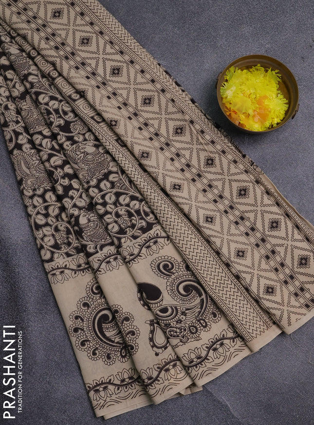 Kalamkari cotton saree black and beige with allover prints and long printed border