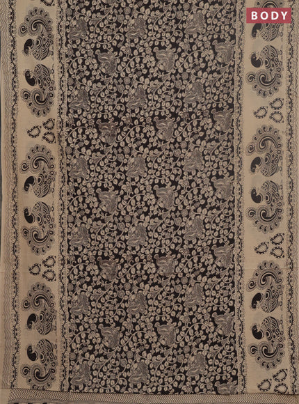 Kalamkari cotton saree black and beige with allover prints and long printed border