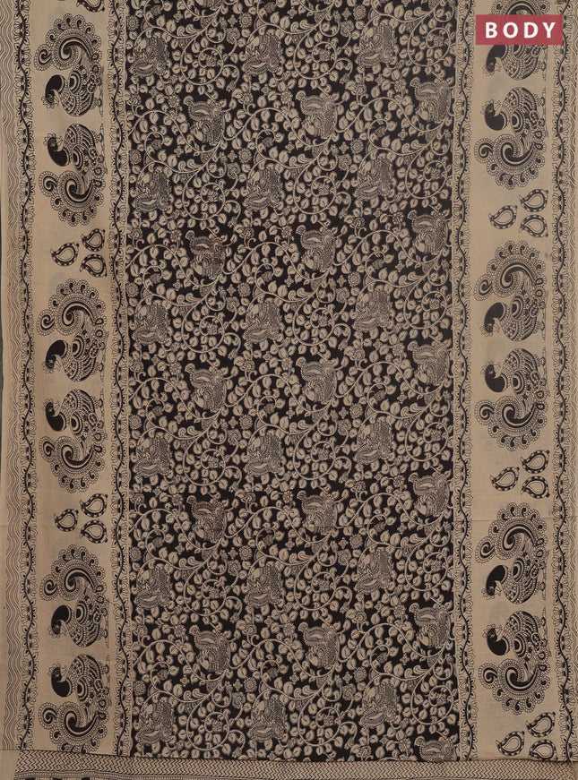 Kalamkari cotton saree black and beige with allover prints and long printed border