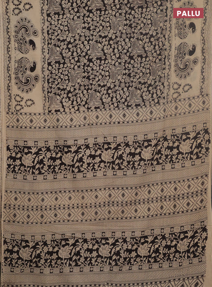 Kalamkari cotton saree black and beige with allover prints and long printed border