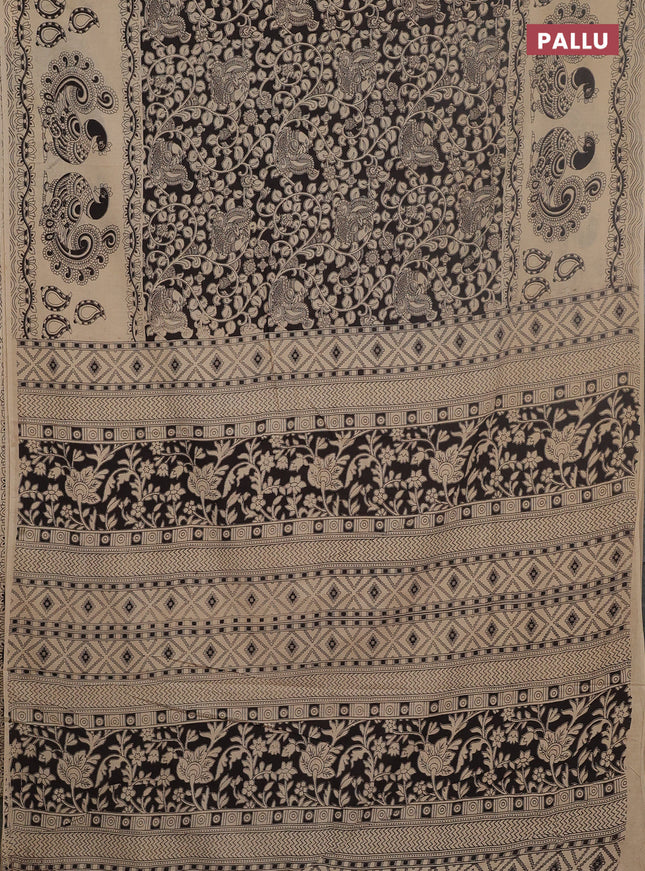 Kalamkari cotton saree black and beige with allover prints and long printed border