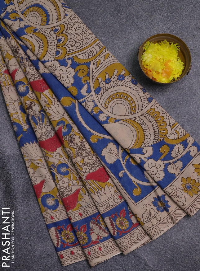Kalamkari cotton saree yellow and blue with allover prints and printed border