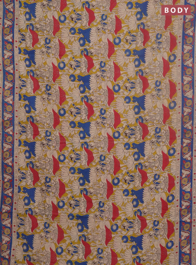 Kalamkari cotton saree yellow and blue with allover prints and printed border