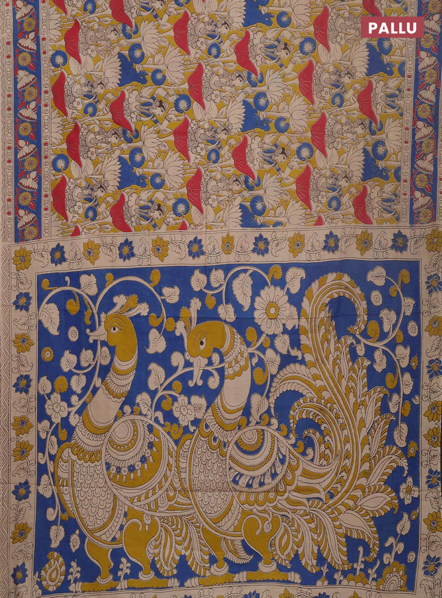 Kalamkari cotton saree yellow and blue with allover prints and printed border