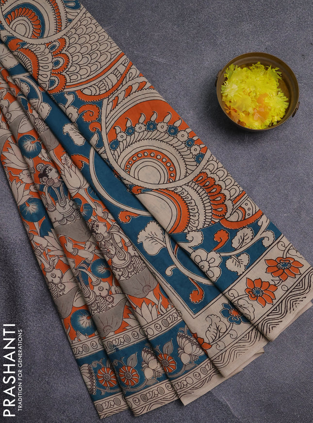 Kalamkari cotton saree orange and green with allover prints and printed border