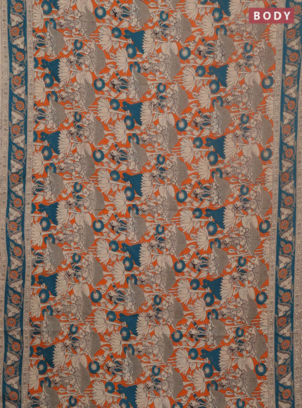 Kalamkari cotton saree orange and green with allover prints and printed border