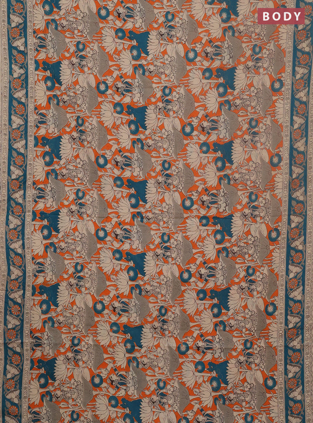 Kalamkari cotton saree orange and green with allover prints and printed border