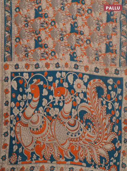 Kalamkari cotton saree orange and green with allover prints and printed border