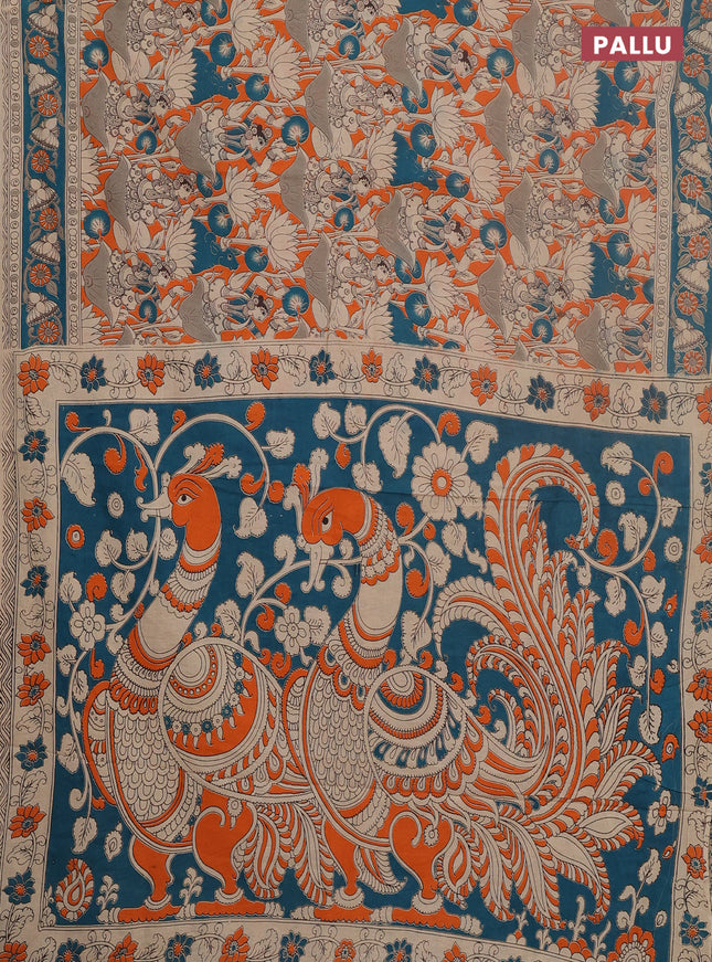 Kalamkari cotton saree orange and green with allover prints and printed border