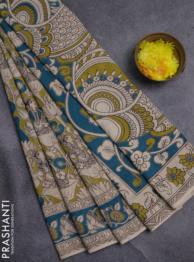 Kalamkari cotton saree mehendi green and green with allover prints and printed border