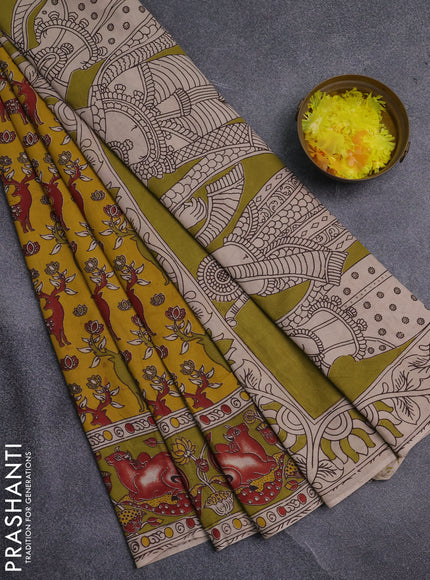 Kalamkari cotton saree yellow and mehendi green with allover prints and pichwai printed border