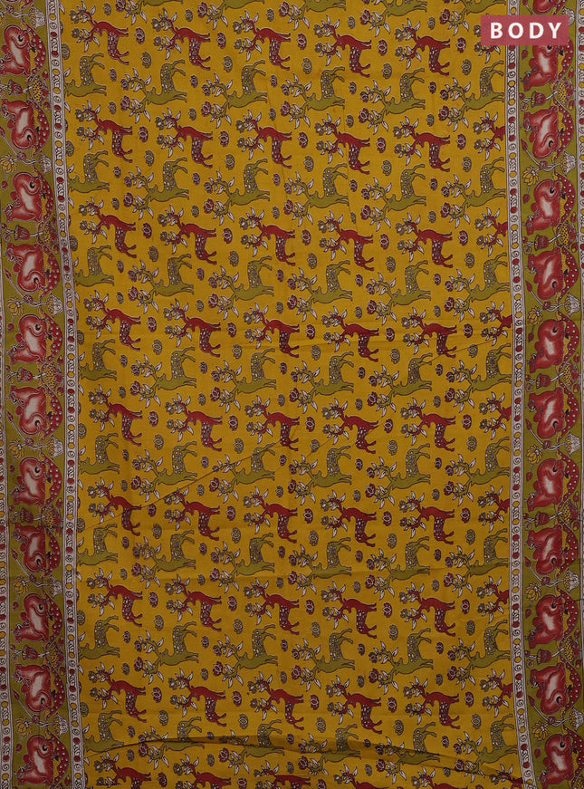 Kalamkari cotton saree yellow and mehendi green with allover prints and pichwai printed border