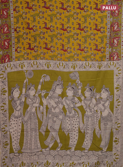 Kalamkari cotton saree yellow and mehendi green with allover prints and pichwai printed border