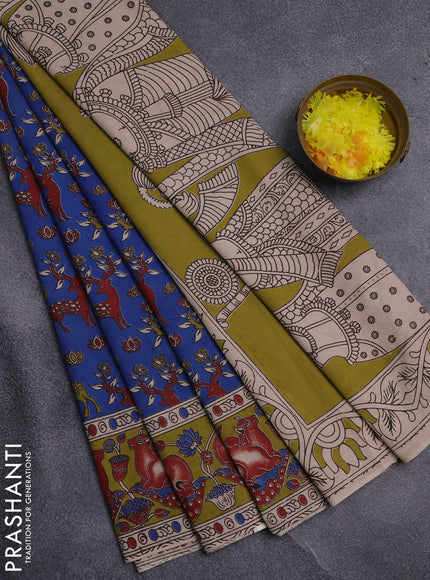Kalamkari cotton saree blue and mehendi green with allover prints and pichwai printed border