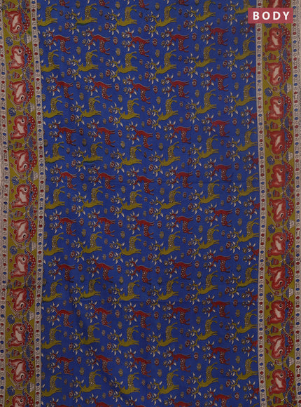 Kalamkari cotton saree blue and mehendi green with allover prints and pichwai printed border