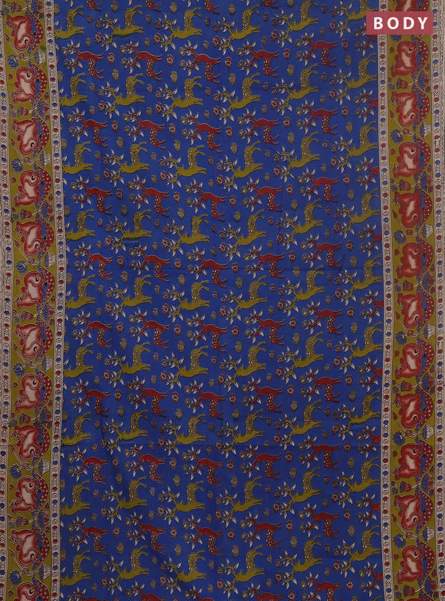 Kalamkari cotton saree blue and mehendi green with allover prints and pichwai printed border