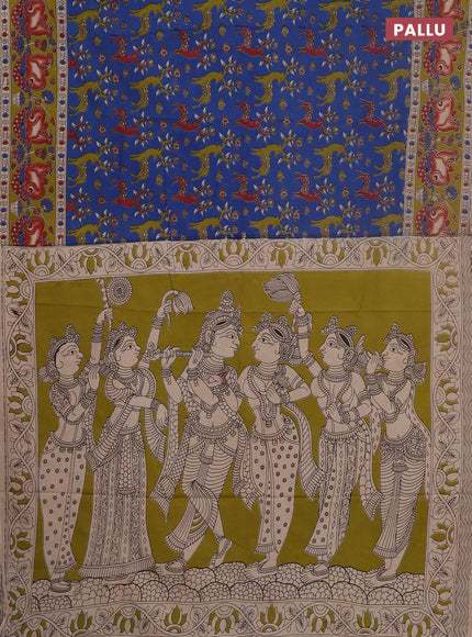 Kalamkari cotton saree blue and mehendi green with allover prints and pichwai printed border