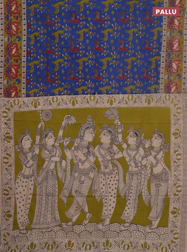 Kalamkari cotton saree blue and mehendi green with allover prints and pichwai printed border