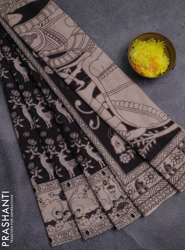 Kalamkari cotton saree black and beige with allover prints and pichwai printed border