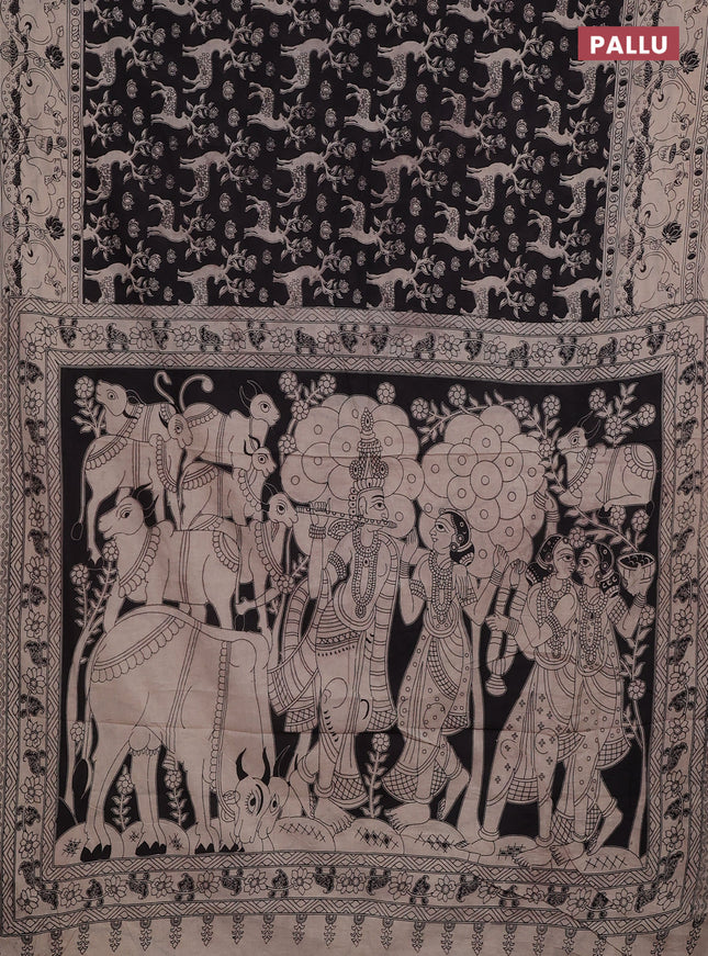 Kalamkari cotton saree black and beige with allover prints and pichwai printed border