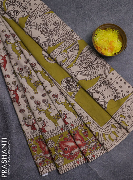 Kalamkari cotton saree beige and mehendi green with allover prints and pichwai printed border