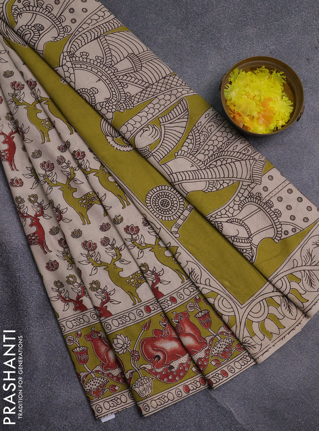 Kalamkari cotton saree beige and mehendi green with allover prints and pichwai printed border