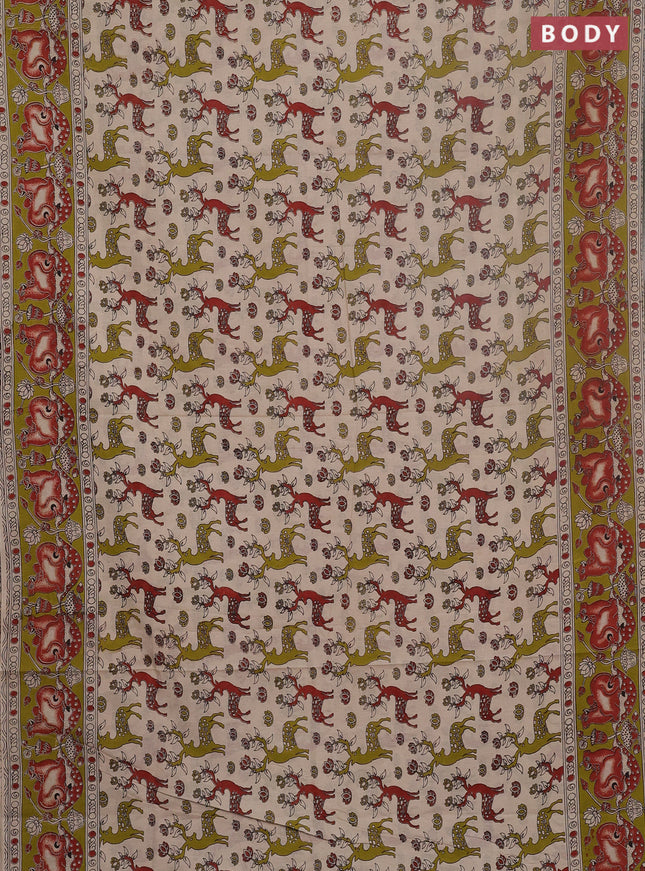 Kalamkari cotton saree beige and mehendi green with allover prints and pichwai printed border