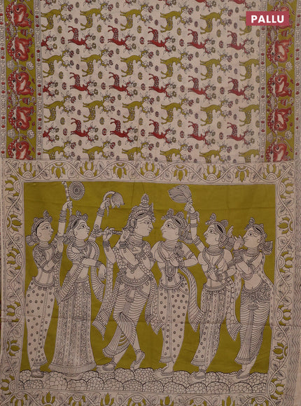 Kalamkari cotton saree beige and mehendi green with allover prints and pichwai printed border