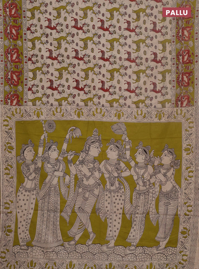 Kalamkari cotton saree beige and mehendi green with allover prints and pichwai printed border