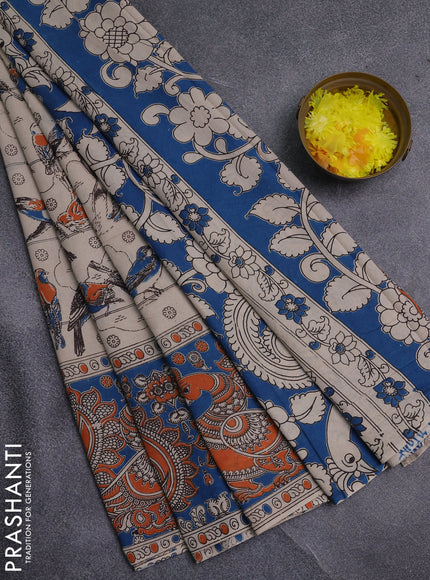 Kalamkari cotton saree beige and blue with allover prints and printed border