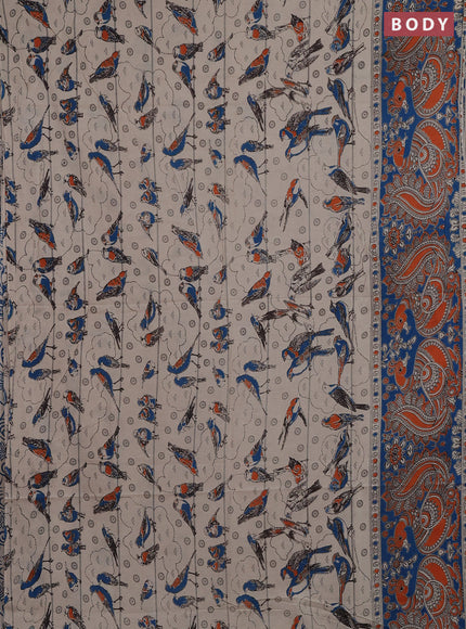 Kalamkari cotton saree beige and blue with allover prints and printed border