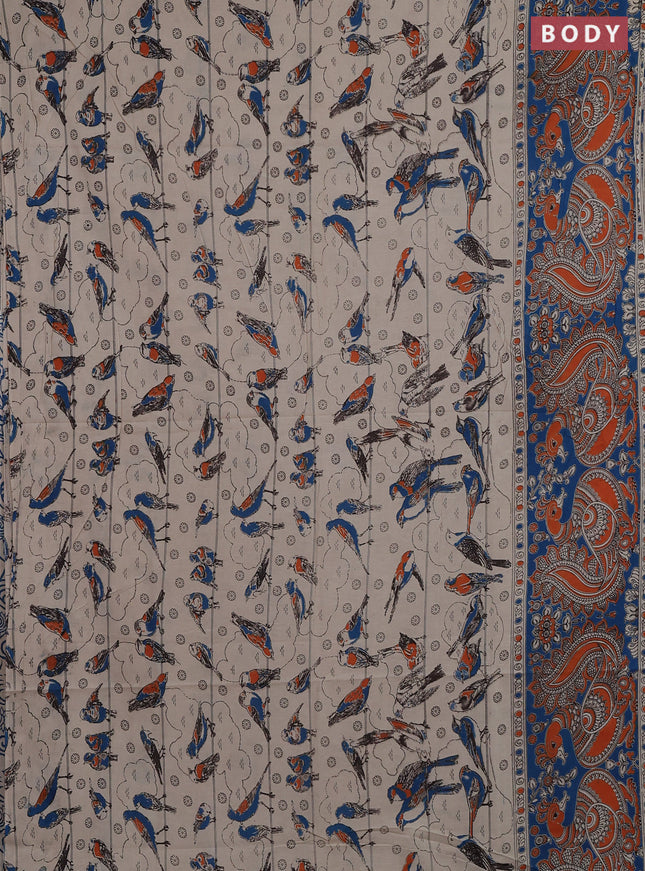Kalamkari cotton saree beige and blue with allover prints and printed border