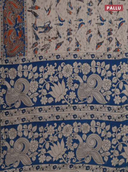 Kalamkari cotton saree beige and blue with allover prints and printed border