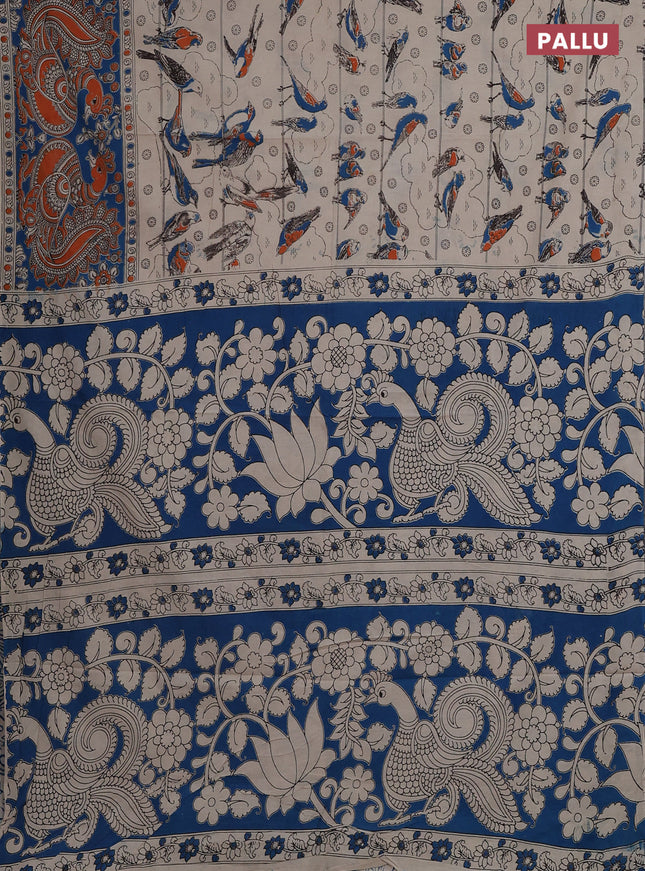 Kalamkari cotton saree beige and blue with allover prints and printed border